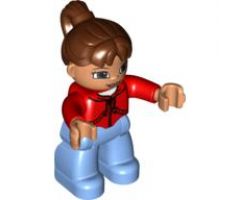 Duplo Figure Lego Ville, Female, Medium Blue Legs, Red Jacket with Black Zipper and Pockets, Reddish Brown Ponytail Hair