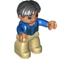 Duplo Figure Lego Ville, Male, Tan Legs, Blue Top, Black Vest, Black Hair