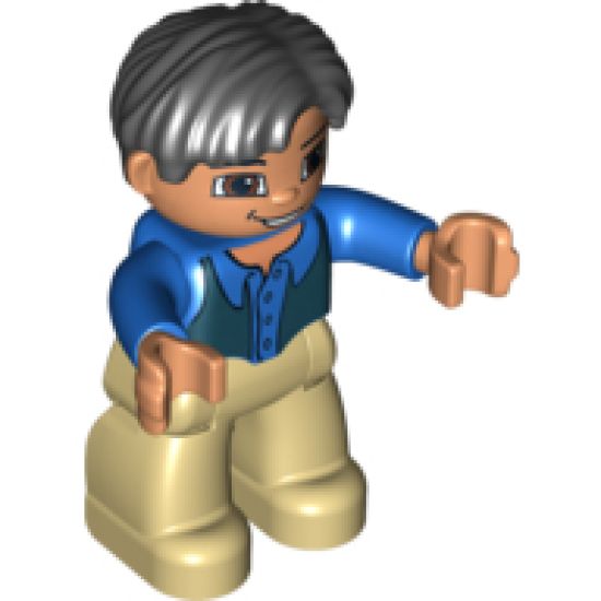 Duplo Figure Lego Ville, Male, Tan Legs, Blue Top, Black Vest, Black Hair