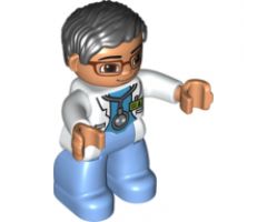 Duplo Figure Lego Ville, Male Medic, Medium Blue Legs, White Lab Coat, Stethoscope, Glasses, Black Hair