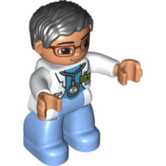 Duplo Figure Lego Ville, Male Medic, Medium Blue Legs, White Lab Coat, Stethoscope, Glasses, Black Hair