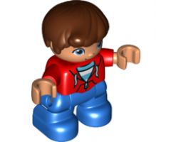 Duplo Figure Lego Ville, Child Boy, Blue Legs, Red Top with Zipper and Pockets, Reddish Brown Hair
