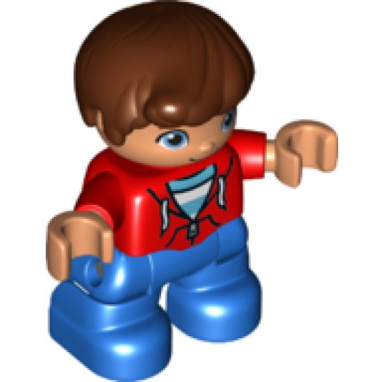 Duplo Figure Lego Ville, Child Boy, Blue Legs, Red Top with Zipper and Pockets, Reddish Brown Hair