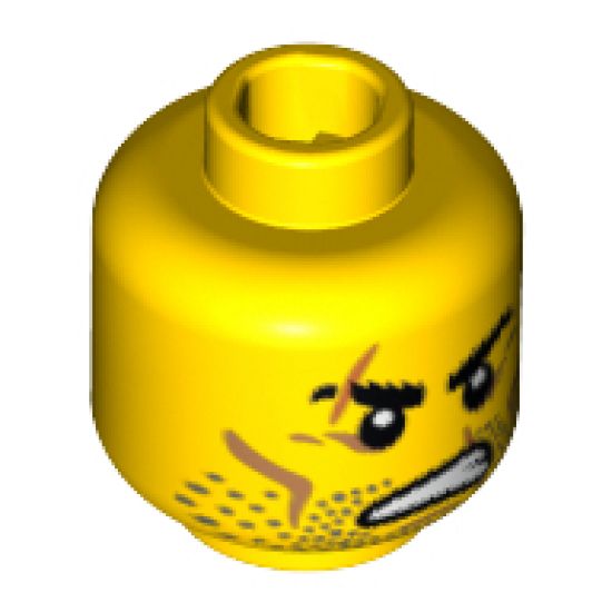 Minifigure, Head Beard Stubble, Scars over Right Eyebrow and Mouth, Angry Pattern - Hollow Stud