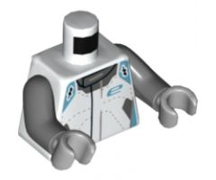 Torso Speed Champions Jumpsuit, Medium Azure Shoulders, 'e' and Dark Bluish Gray Collar Pattern / Dark Bluish Gray Arms / Light Bluish Gray Hands