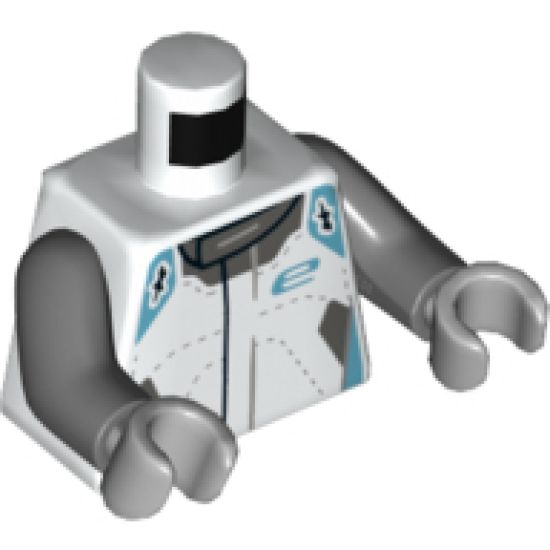Torso Speed Champions Jumpsuit, Medium Azure Shoulders, 'e' and Dark Bluish Gray Collar Pattern / Dark Bluish Gray Arms / Light Bluish Gray Hands