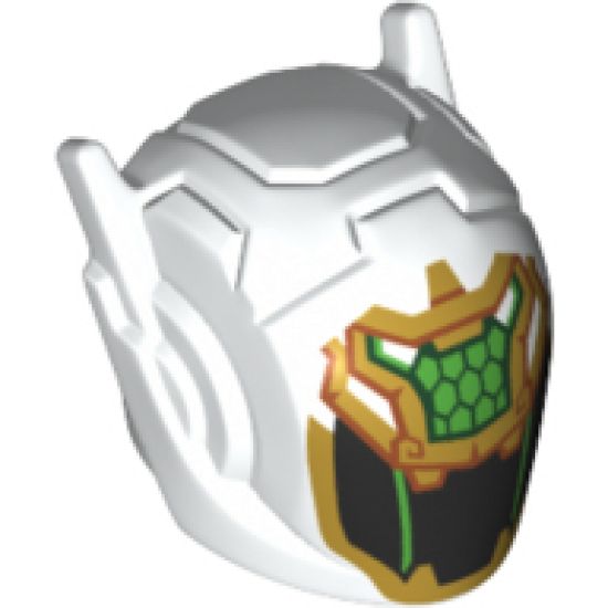 Minifigure, Headgear Helmet with Ear Antennae with Pearl Gold and Bright Green Dragon Face over Black Visor Pattern