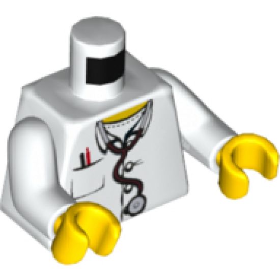 Torso Hospital Lab Coat, Open Collar, Stethoscope, Pocket Pen and Thermometer Pattern / White Arms / Yellow Hands