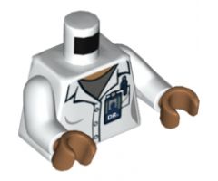 Torso Female Lab Coat over Dark Bluish Gray Shirt, 'DR' ID Badge and Pocket Pattern / White Arms / Medium Nougat Hands