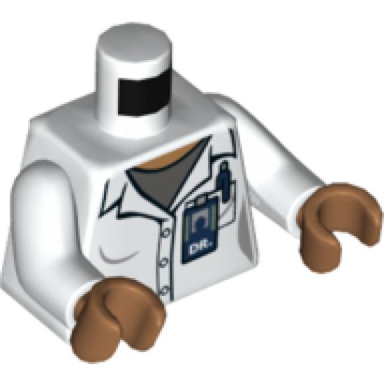 Torso Female Lab Coat over Dark Bluish Gray Shirt, 'DR' ID Badge and Pocket Pattern / White Arms / Medium Nougat Hands