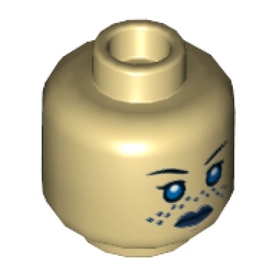 Minifigure, Head Dual Sided Female, Dark Blue Lips, Blue Tattoo, Neutral / Angry Pattern (SW Barriss Offee) - Hollow Stud