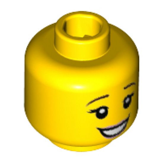 Minifigure, Head Female with Brown Downturned Eyebrows, Eyelashes, Open Smile with Pink Lips Pattern - Hollow Stud