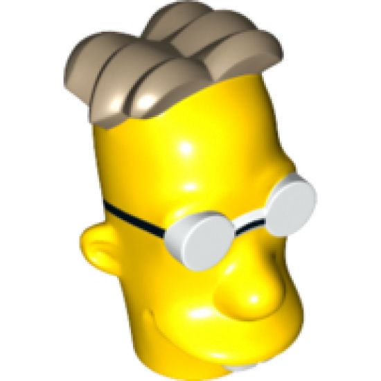 Minifigure, Head, Modified Simpsons Professor Frink with Glasses and Dark Tan Hair Pattern