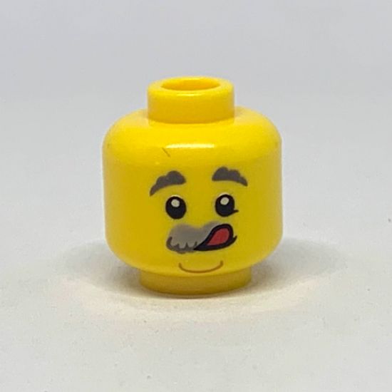 Minifigure, Head Dual Sided, Dark Bluish Gray Eyebrows, Light Bluish Gray Bushy Moustache, Neutral / Licking Lips Pattern - Hollow Stud