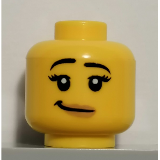 Minifigure, Head Female with Black Raised Eyebrows, Eyelashes, White Pupils, Nougat Lips, Lopsided Smile Pattern - Hollow Stud