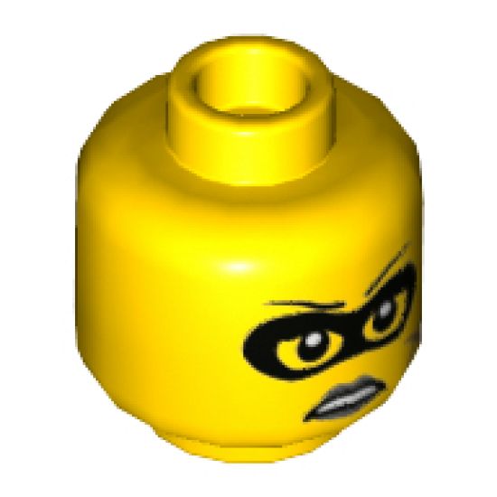 Minifigure, Head Female with Black Thin Eyebrows, Mask, White Pupils, Scar and Black Lips Grimace Pattern - Hollow Stud