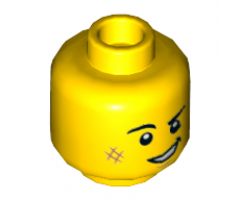 Minifigure, Head Black Eyebrows, White Pupils, Cheek Scuff, Lopsided Grin Pattern - Hollow Stud