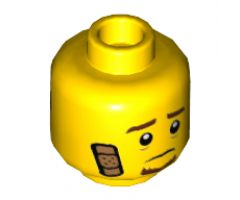 Minifigure, Head Dual Sided Brown Eyebrows and Goatee, Bandage, Sad / Scared Face with Black Mask Pattern - Hollow Stud