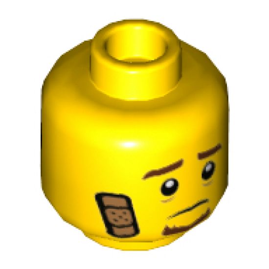 Minifigure, Head Dual Sided Brown Eyebrows and Goatee, Bandage, Sad / Scared Face with Black Mask Pattern - Hollow Stud