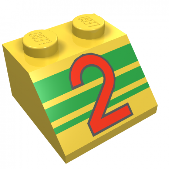 Slope 45 2 x 2 with Red Number 2 and Green Stripes Pattern