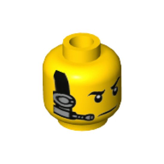 Minifigure, Head Black Eyebrows, White Pupils, Black and Silver Headset Pattern - Hollow Stud