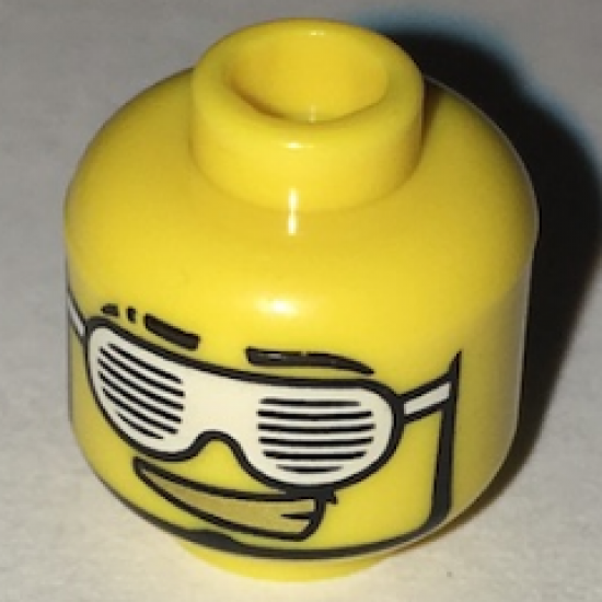 Minifigure, Head Glasses with Slotted White Sunglasses and Smirk with Gold Teeth Pattern - Hollow Stud