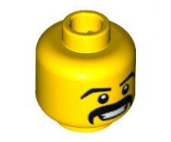 Minifigure, Head Moustache Black Thick, Grin with Teeth, White Pupils Pattern - Hollow Stud (BAM)