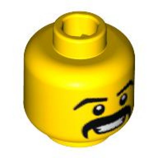 Minifigure, Head Moustache Black Thick, Grin with Teeth, White Pupils Pattern - Hollow Stud (BAM)