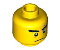 Minifigure, Head Black Thick Eyebrows, Large Medium Nougat Scar with Stitches, Closed Mouth Frown Pattern - Hollow Stud