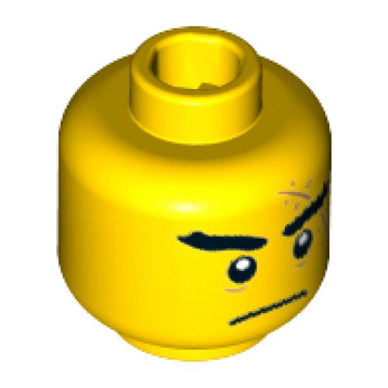 Minifigure, Head Black Thick Eyebrows, Large Medium Nougat Scar with Stitches, Closed Mouth Frown Pattern - Hollow Stud