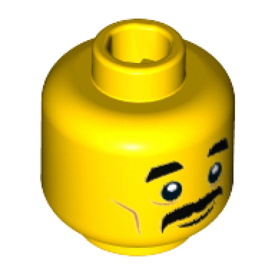 Minifigure, Head Black Short Eyebrows, Medium Nougat Cheek Lines, Black Moustache, Slight Smile Pattern - Hollow Stud