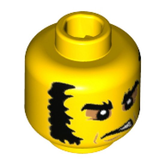 Minifigure, Head Black Eyebrows and Muttonchops, Dark Tan Around Eyes, Gruff Expression Pattern - Hollow Stud