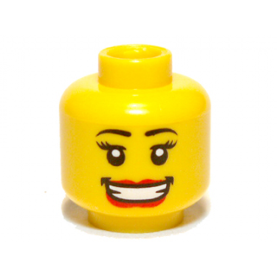 Minifigure, Head Female with Large Red Lips, Open Mouth Smile with Teeth, Black Eyebrows, Thin Eyelashes and White Pupils Pattern - Blocked Open Stud
