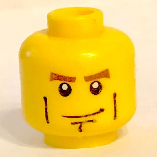 Minifigure, Head Male Brown Eyebrows, White Pupils, Vertical Cheek Lines, Chin Dimple Pattern - Hollow Stud