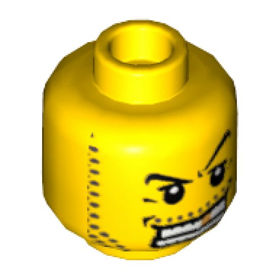Minifigure, Head Male Arched Eyebrow, White Teeth with Gold Tooth, Coarse Stubble Pattern - Hollow Stud