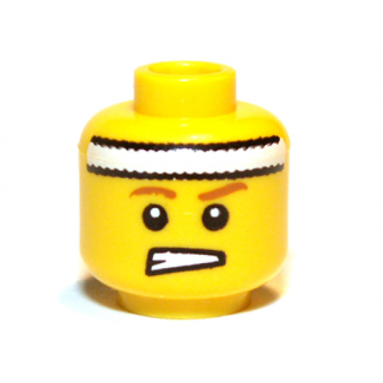 Minifigure, Head Male Headband White, Brown Eyebrows, Teeth Clenched Pattern - Blocked Open Stud
