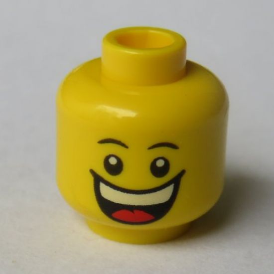 Minifigure, Head Dual Sided Huge Grin, White Pupils, Eyebrows / Sad with Tear, Convex Eyebrows Pattern - Hollow Stud