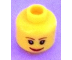 Minifigure, Head Female with Brown Thin Eyebrows, White Pupils and Short Eyelashes, Wide Smile with Red Lips Pattern - Hollow Stud