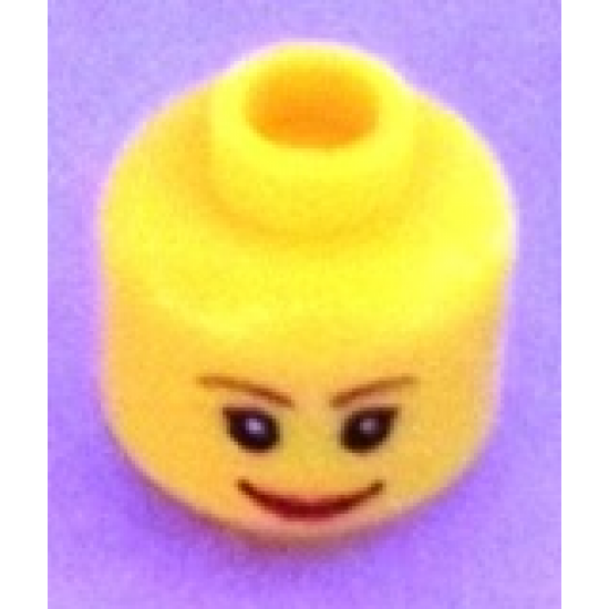Minifigure, Head Female with Brown Thin Eyebrows, White Pupils and Short Eyelashes, Wide Smile with Red Lips Pattern - Hollow Stud