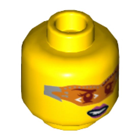 Minifigure, Head Female Glasses with Orange Digital Sunglasses, Pink Lips, Lopsided Mouth with Teeth Pattern - Hollow Stud