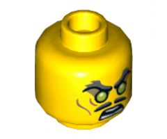 Minifigure, Head Dual Sided Moustache Split, Stern Dark Bluish Gray Bushy Eyebrows, Sunken Eyes, Wrinkles / Green Eyes, Angry Pattern - Hollow Stud