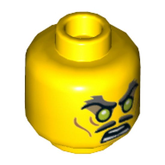 Minifigure, Head Dual Sided Moustache Split, Stern Dark Bluish Gray Bushy Eyebrows, Sunken Eyes, Wrinkles / Green Eyes, Angry Pattern - Hollow Stud