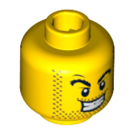 Minifigure, Head Dual Sided Power Miner Thick Eyebrows and Stubble, Evil Grin / Surprised Pattern - Blocked Open Stud