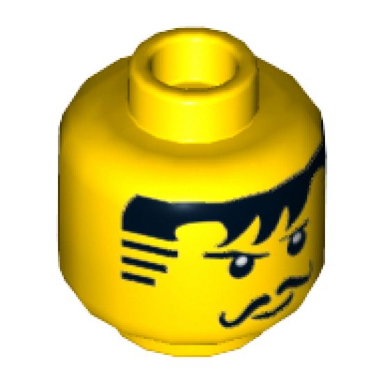 Minifigure, Head Moustache Black Bangs, Striped Sideburns Pattern - Hollow Stud
