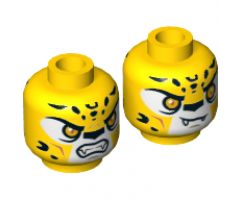 Minifigure, Head Dual Sided Alien Chima Leopard with Bright Light Orange Eyes, Fangs and Black Spots, Neutral / Angry Pattern (Lundor) - Hollow Stud