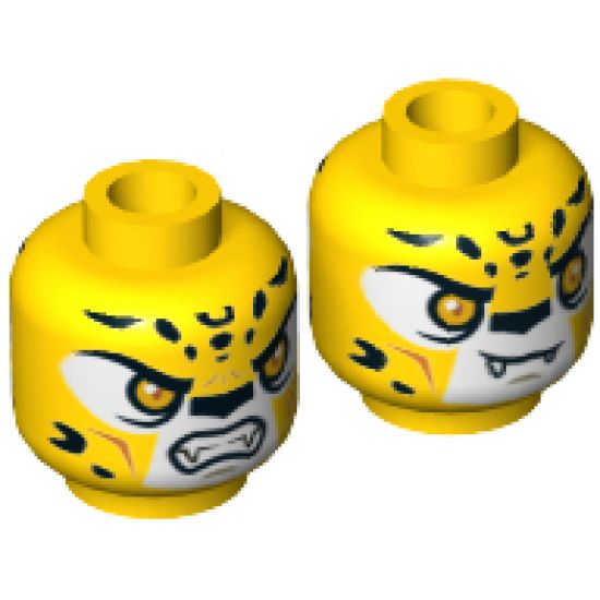 Minifigure, Head Dual Sided Alien Chima Leopard with Bright Light Orange Eyes, Fangs and Black Spots, Neutral / Angry Pattern (Lundor) - Hollow Stud