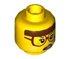 Minifigure, Head Female, Reddish Brown Headband, Dark Red Glasses, White Cat Whiskers, Scowling Pattern - Hollow Stud