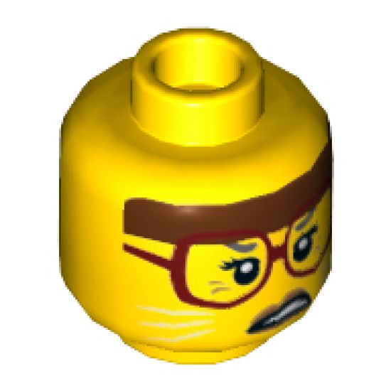 Minifigure, Head Female, Reddish Brown Headband, Dark Red Glasses, White Cat Whiskers, Scowling Pattern - Hollow Stud
