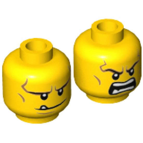 Minifigure, Head Dual Sided Black Eyebrows, White Pupils, Chin Dimple and Cheek Lines, Smile with Tooth / Open Mouth Angry Pattern - Hollow Stud