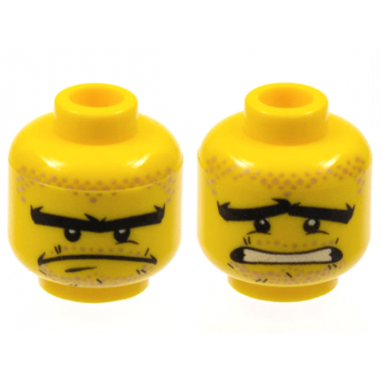 Minifigure, Head Dual Sided Stubble and Connected Brow, Determined / Scared Pattern - Hollow Stud